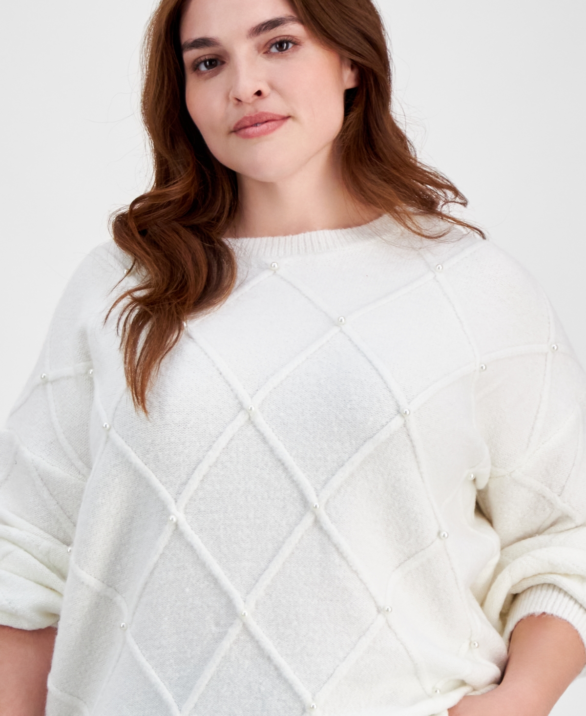 ABSOLUTELY FAMOUS TRENDY PLUS SIZE CREWNECK FAUX-PEARL-TRIM SWEATER 