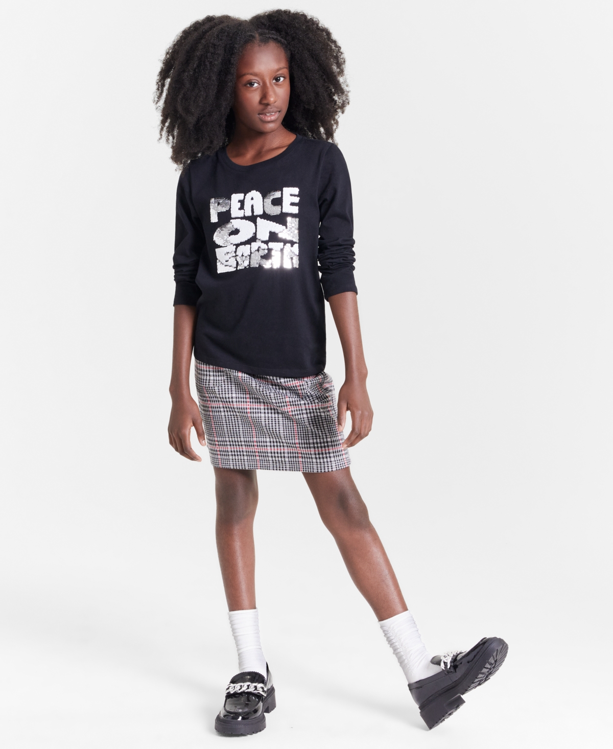 Epic Threads Kids' Girls Peace On Earth Long-sleeve T-shirt, Created For Macy's In Deep Black