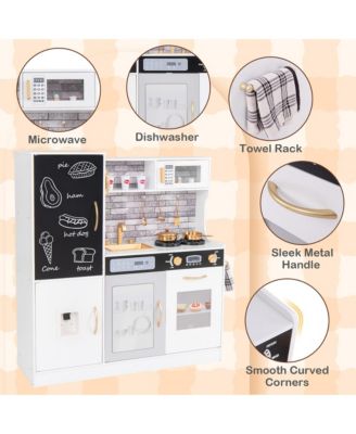 Play Kitchen Toy Set w/ Chalkboard Oven Sink Curtain Microwave Water Dispenser