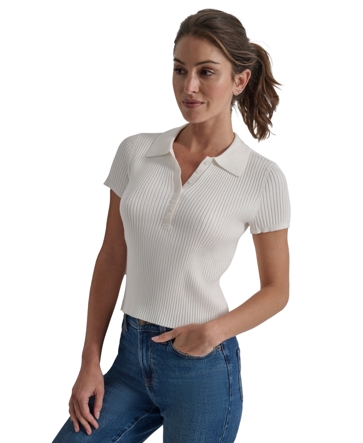 DKNY JEANS WOMEN'S SHORT-SLEEVE RIBBED KNIT POLO SHIRT 