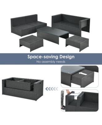 6 Pieces Patio Rattan Furniture Set with Glass Table and Cushioned Seat