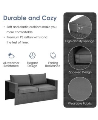 6 Pieces Patio Rattan Furniture Set with Glass Table and Cushioned Seat