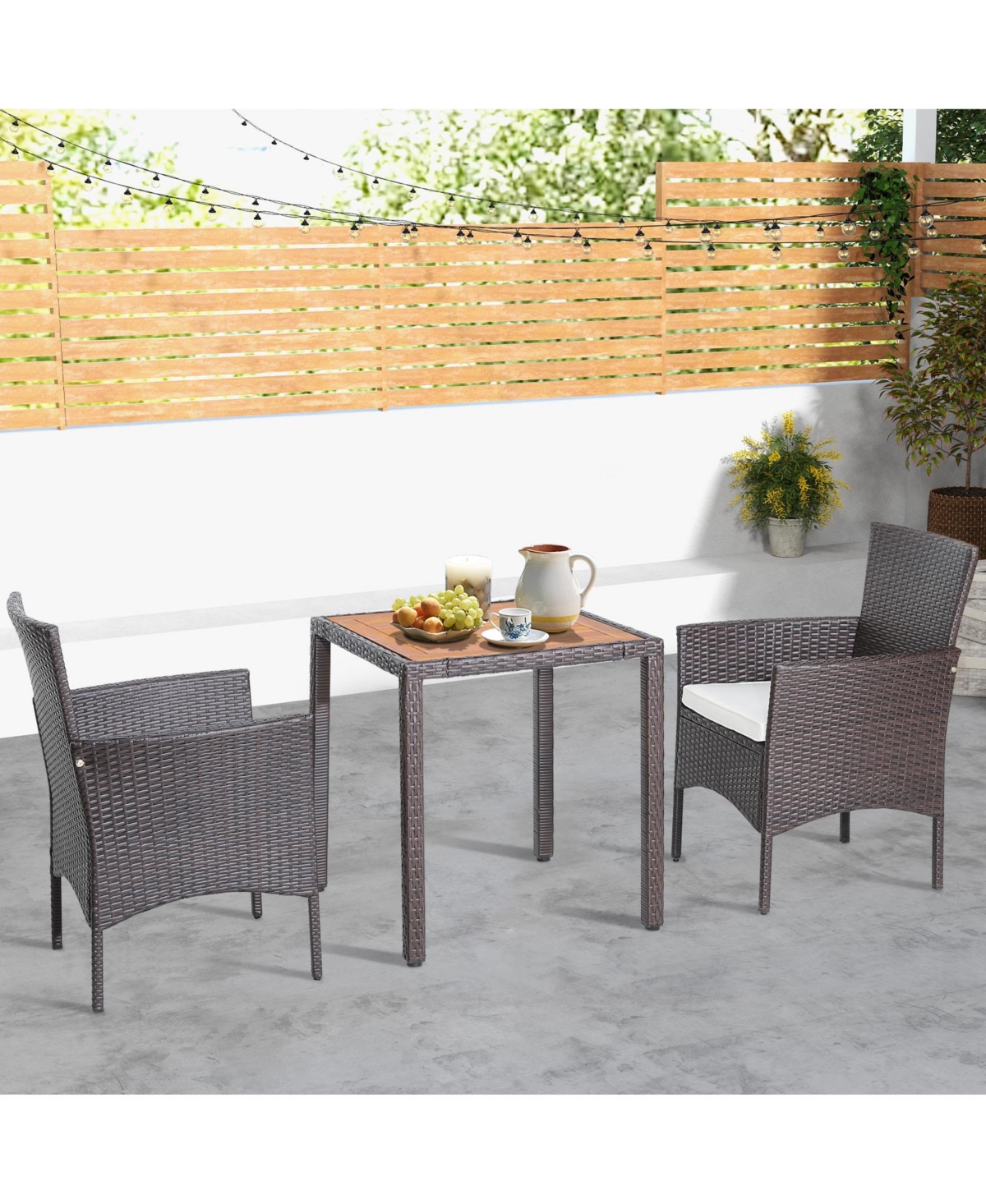 3 Pieces Patio Wicker Furniture Set wih Acacia Wood Table Top and Chair Cushiones