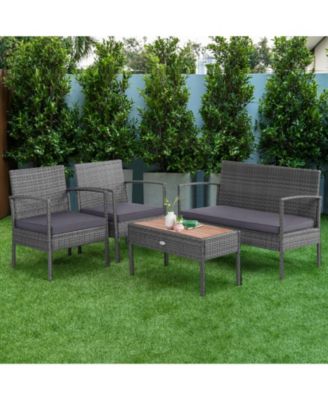 4 Pieces Rattan Patio Conversation Furniture Set with Acacia Wood Tabletop
