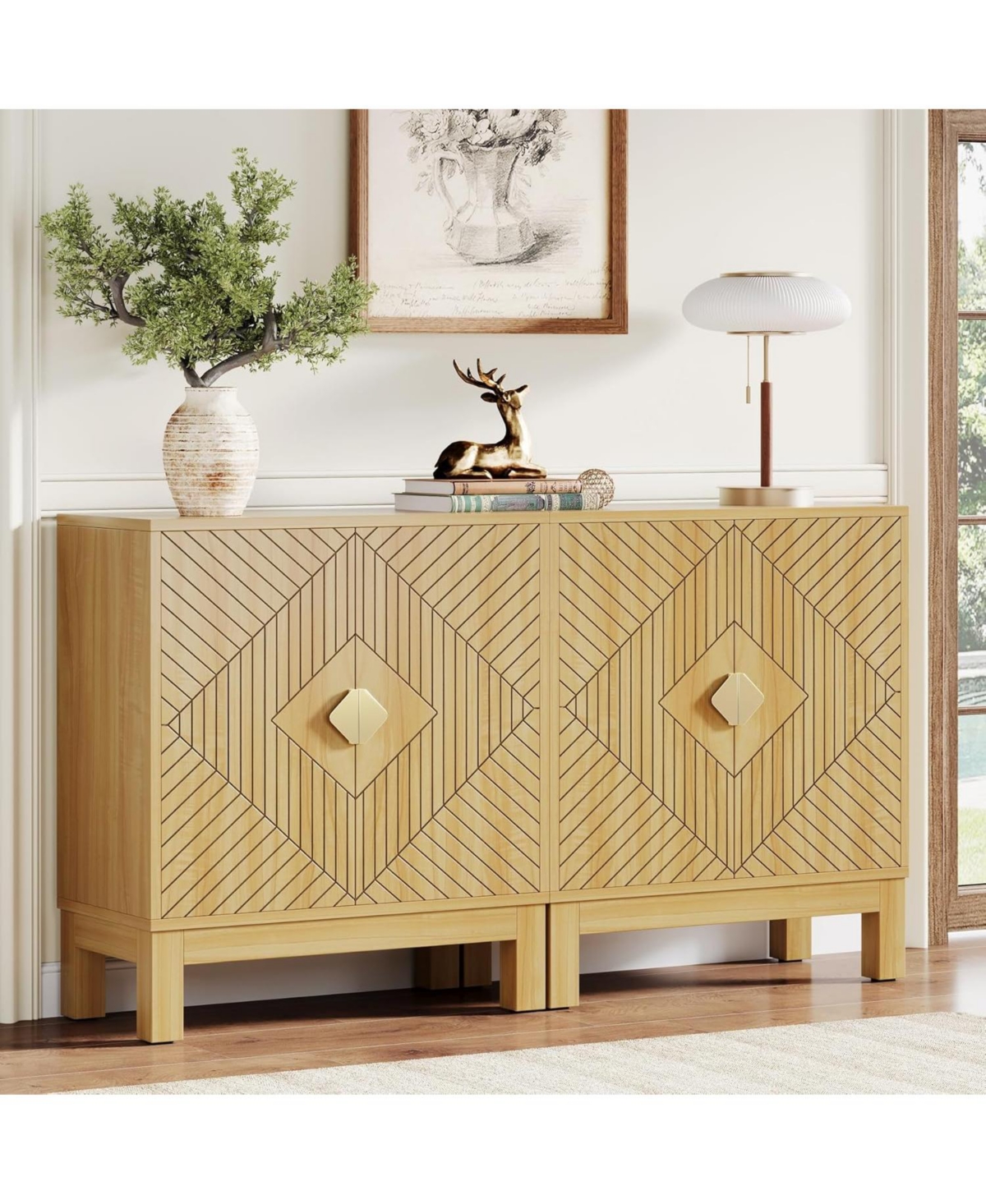 Tribesigns Sideboard Buffet Cabinet, Set of 2 Farmhouse Storage Cabinet with 2 Doors, Wood Accent Coffee Buffet Cabinet for Living Room, Bedro