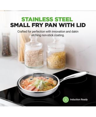8'' Stir Fry Pan with Glass Lid - Triply Stainless Steel Cookware, DAKIN Etching Non-Stick Coating Inside and Outside