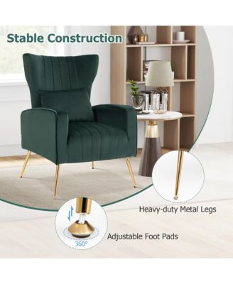  Standard Size  Velvet Upholstery  Wingback Design, Lumbar Pillow, Golden Metal Legs  Accent Chair