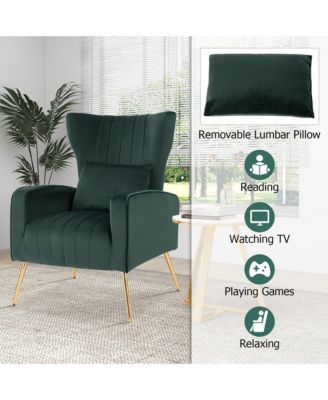  Standard Size  Velvet Upholstery  Wingback Design, Lumbar Pillow, Golden Metal Legs  Accent Chair