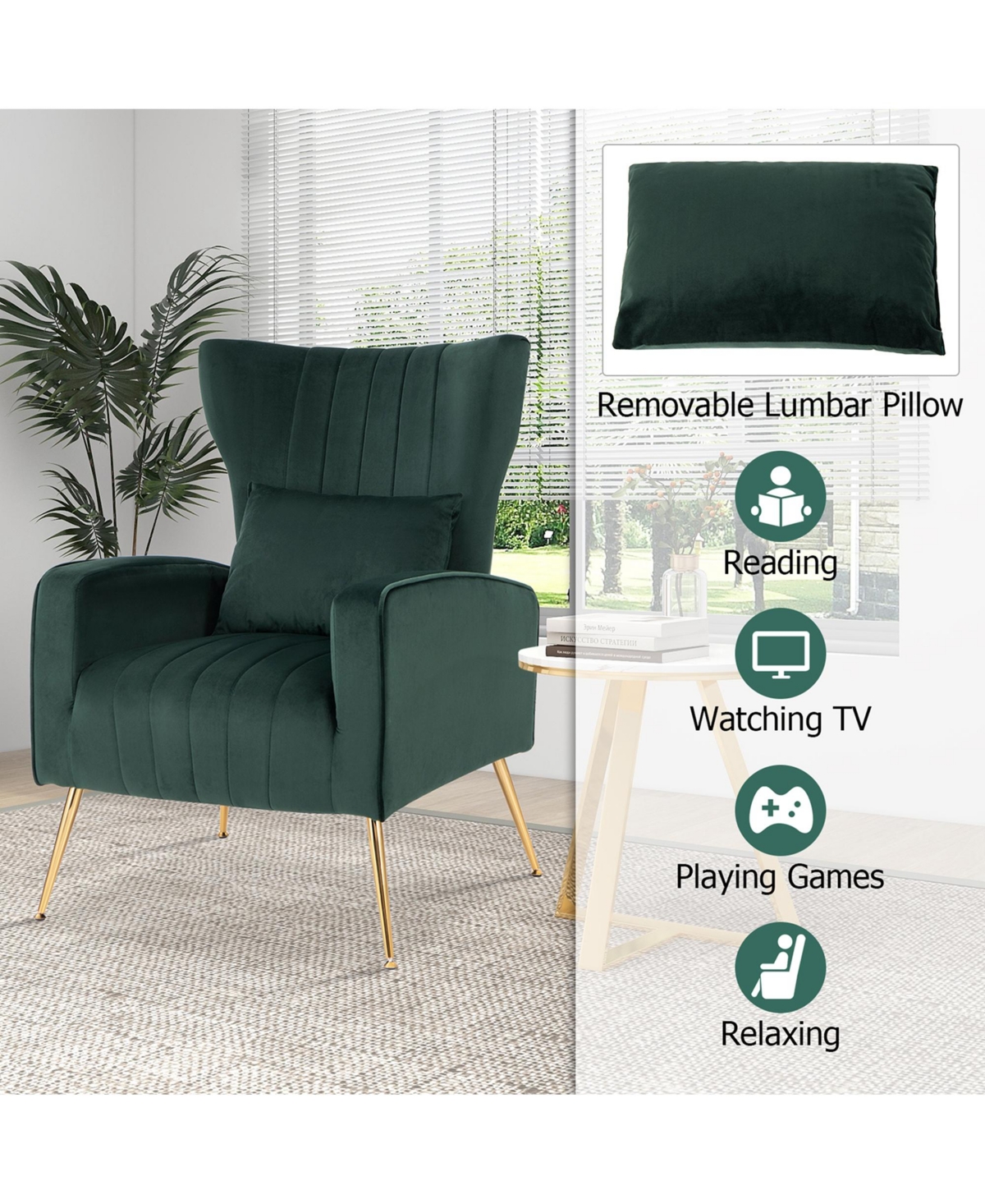 Costway Velvet Upholstered Wingback Chair with Lumbar Pillow & Golden Metal Legs
