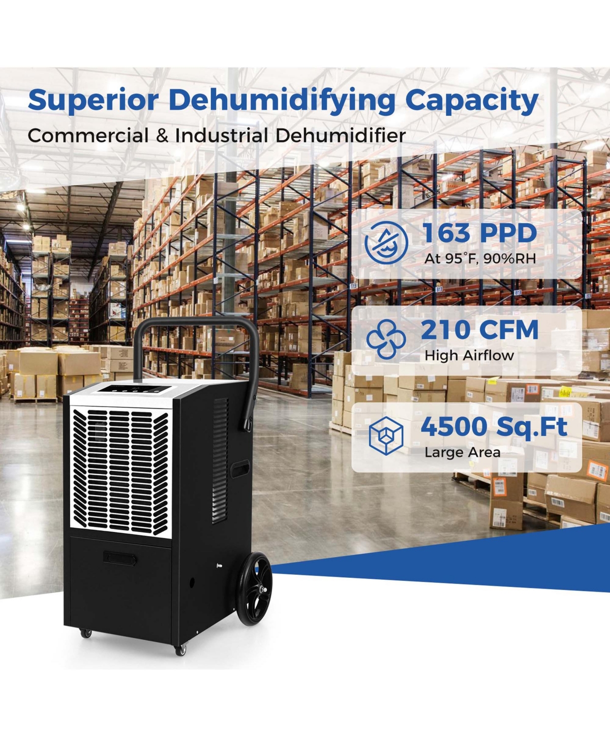 163 Pints Commercial Dehumidifier with Pump & Drain Hose Heavy Duty