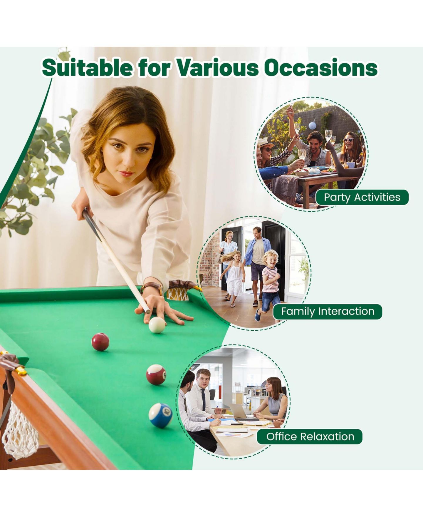 Детские игрушки Costway Folding Pool Table Set with Foldable Legs Adjustable Foot Levelers 2, цвет: Зелёный — фото 4