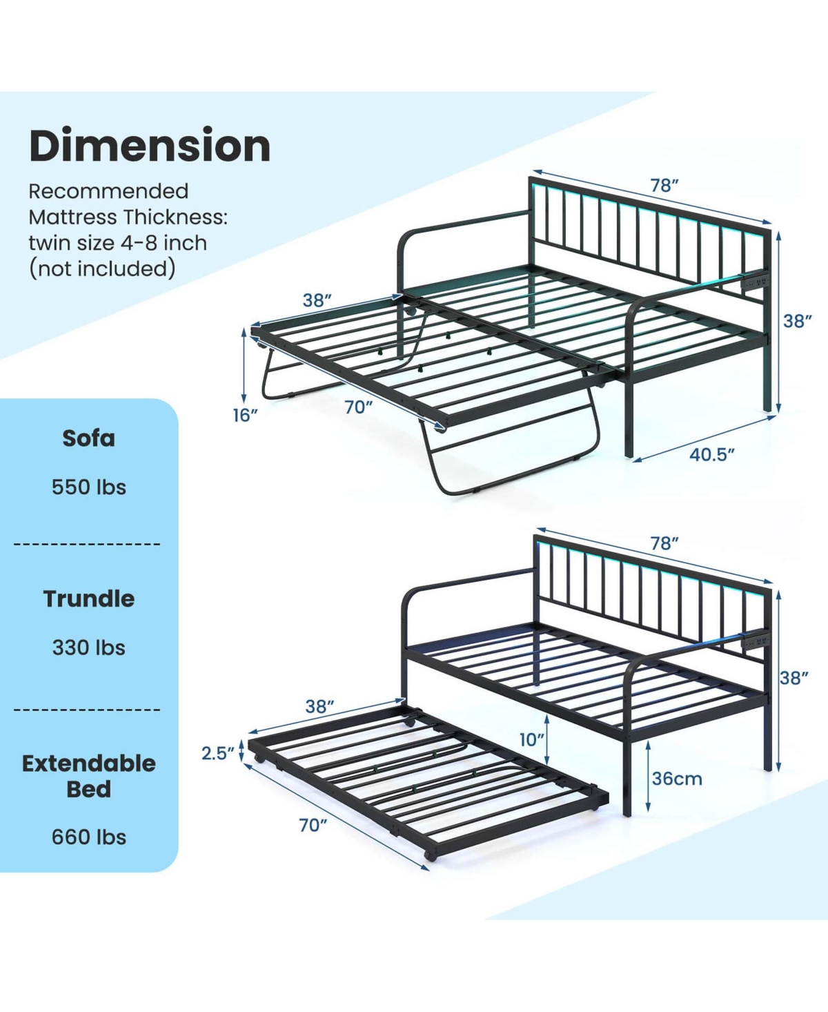 Costway Twin Daybed Adjustable Sofa Bed Frame with Charging Station & Led Lights