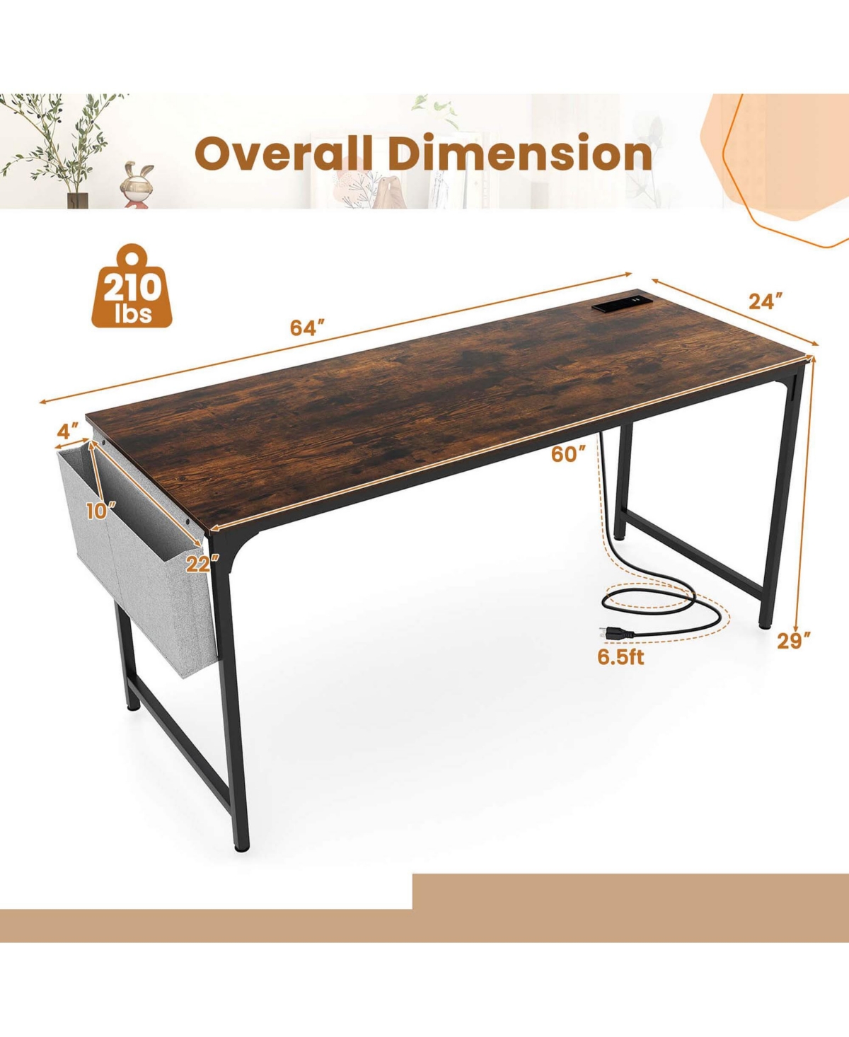 Costway Modern Computer Desk with Charging Station with Storage Bag & Headphone Hook