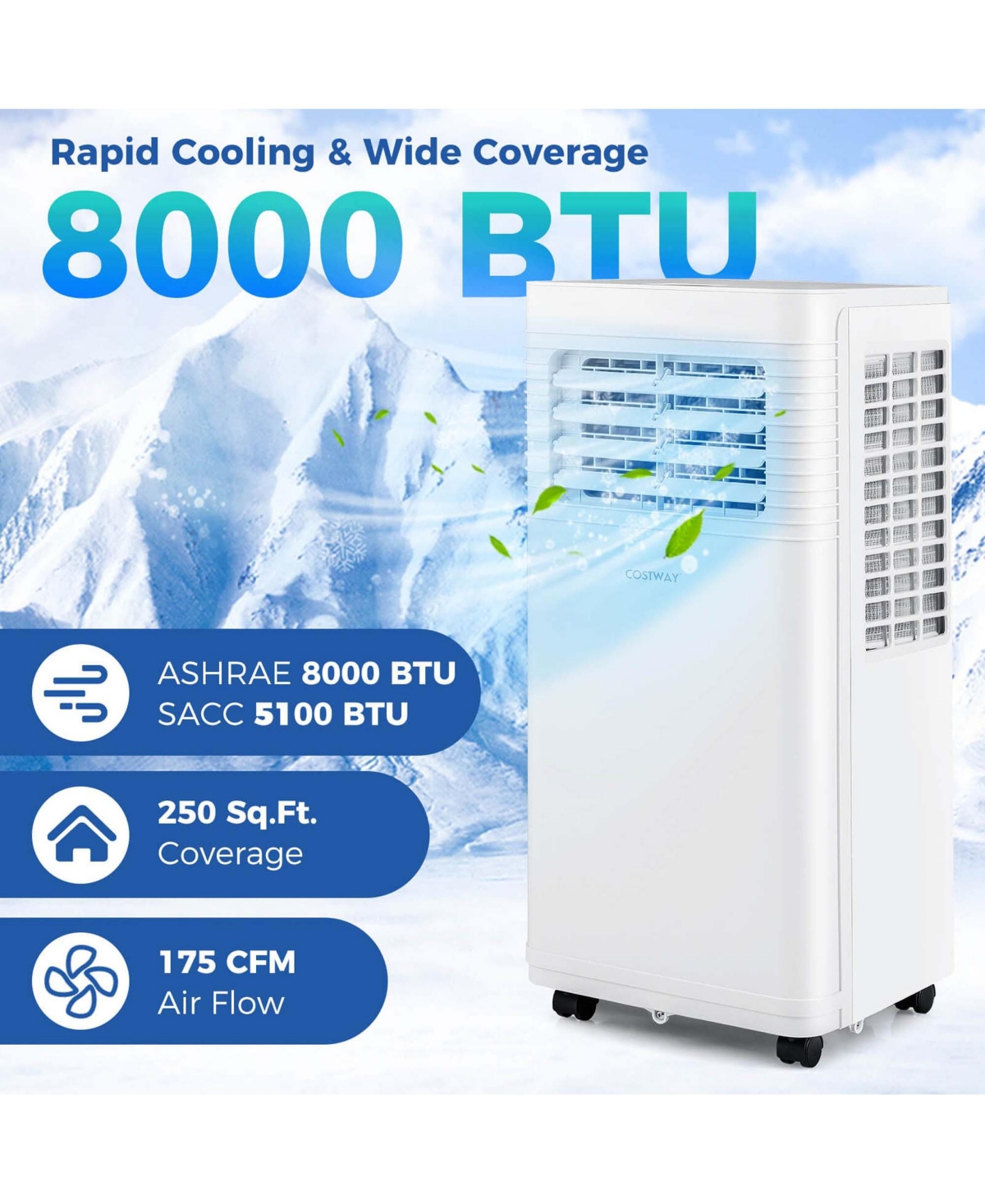 Costway Portable Air Conditioner 8000 Btu 1 Ac Unit with Fan & Dehumidifier Sleep Mode