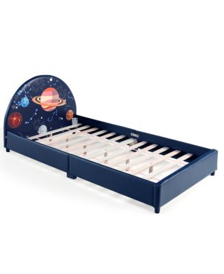 Kids Upholstered Platform Bed Children Twin Size Wooden Bed Galaxy Pattern