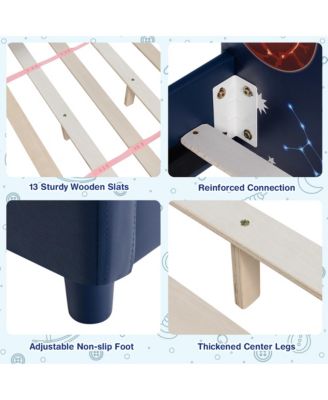 Kids Upholstered Platform Bed Children Twin Size Wooden Bed Galaxy Pattern