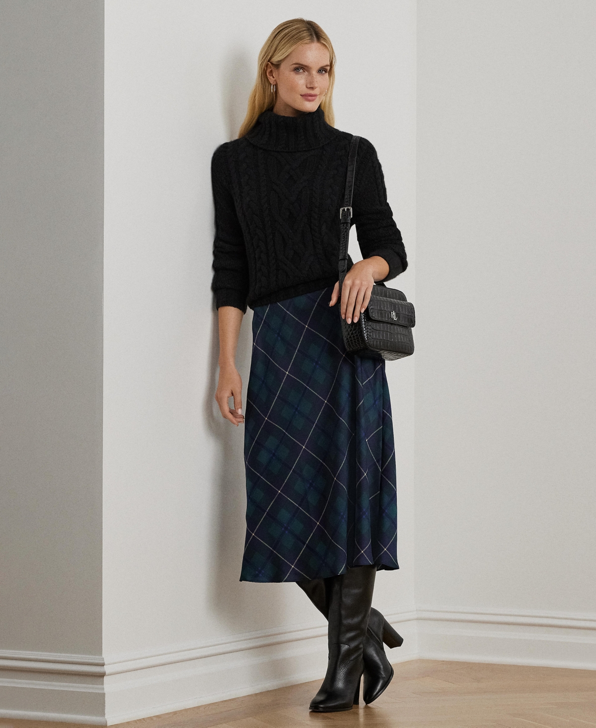 Lauren Ralph Lauren Women's Plaid Satin Charmeuse Midi Skirt
