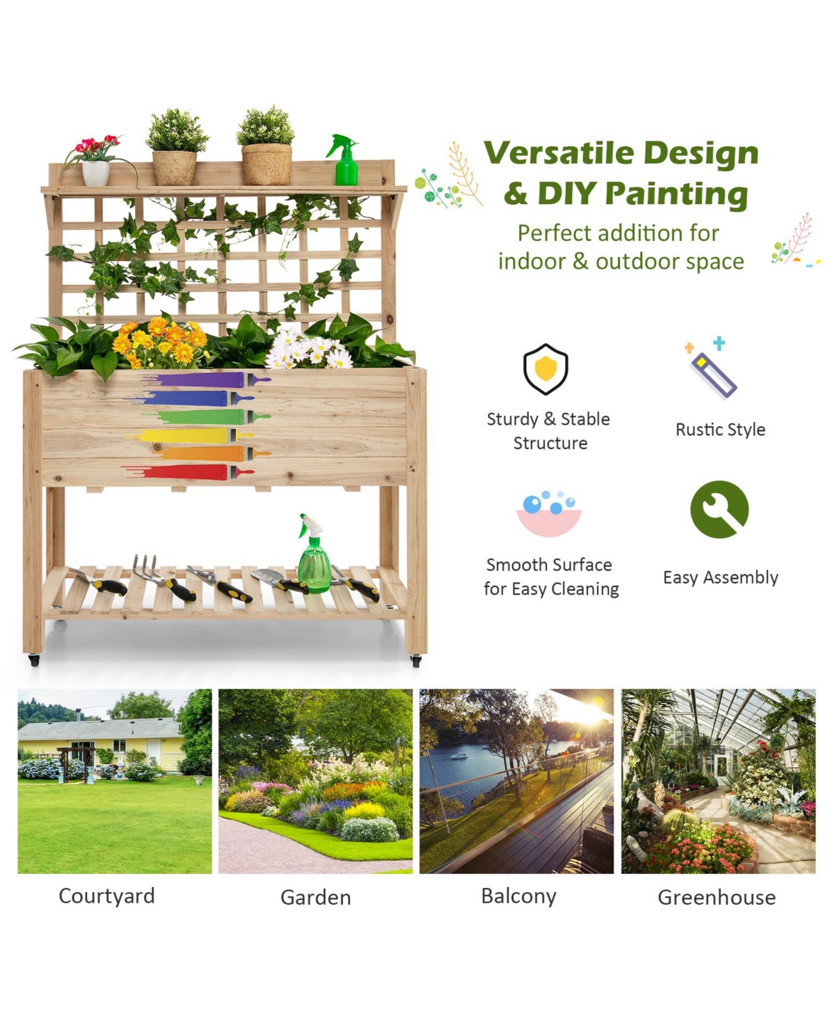 Givimo Wooden Raised Garden Bed with Wheels Trellis and Storage Shelf
