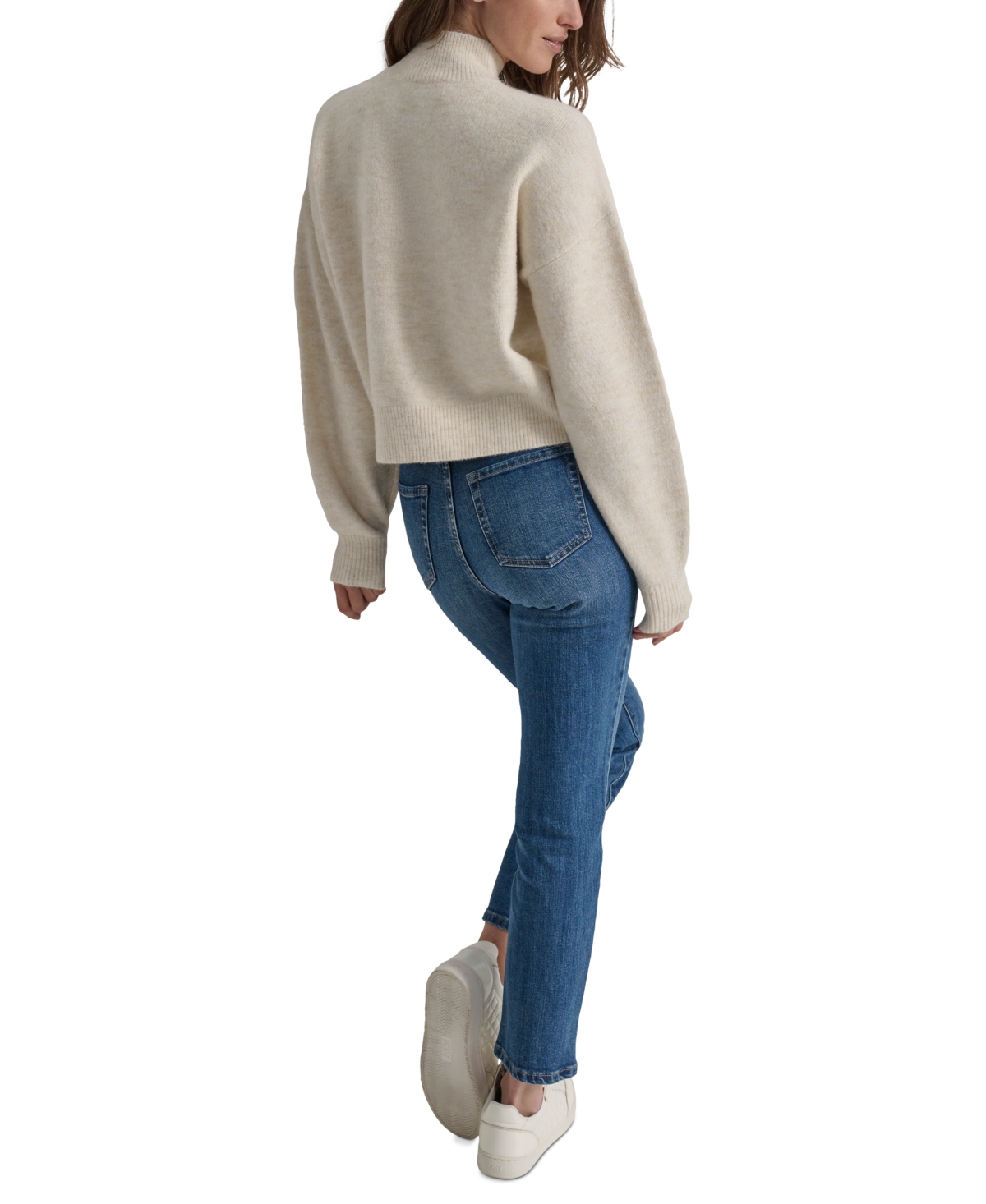 Shop Dkny Jeans Women's Petite Mock Neck Boxy Cropped Sweater In Vanilla Bean
