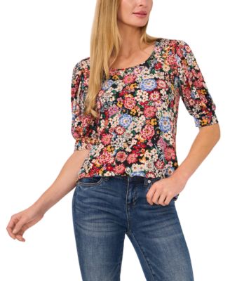 CeCe - Women's Floral-Print Shirred-Sleeve Top