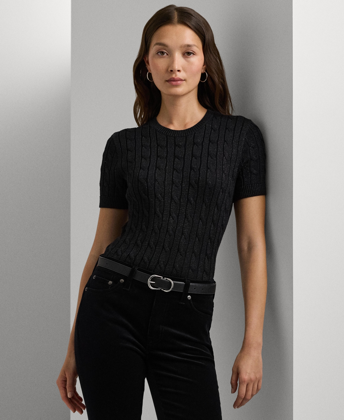 Lauren Ralph Lauren Women's Metallic Cable-Knit Short-Sleeve Sweater