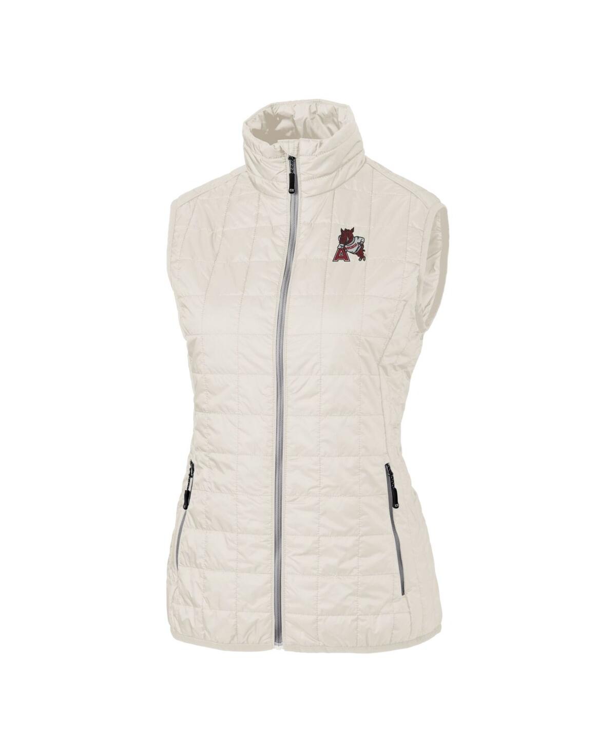 CUTTER & BUCK WOMEN'S CREAM ARKANSAS RAZORBACKS VAULT RAINIER PRIMALOFT ECO FULL-ZIP PUFFER VEST 