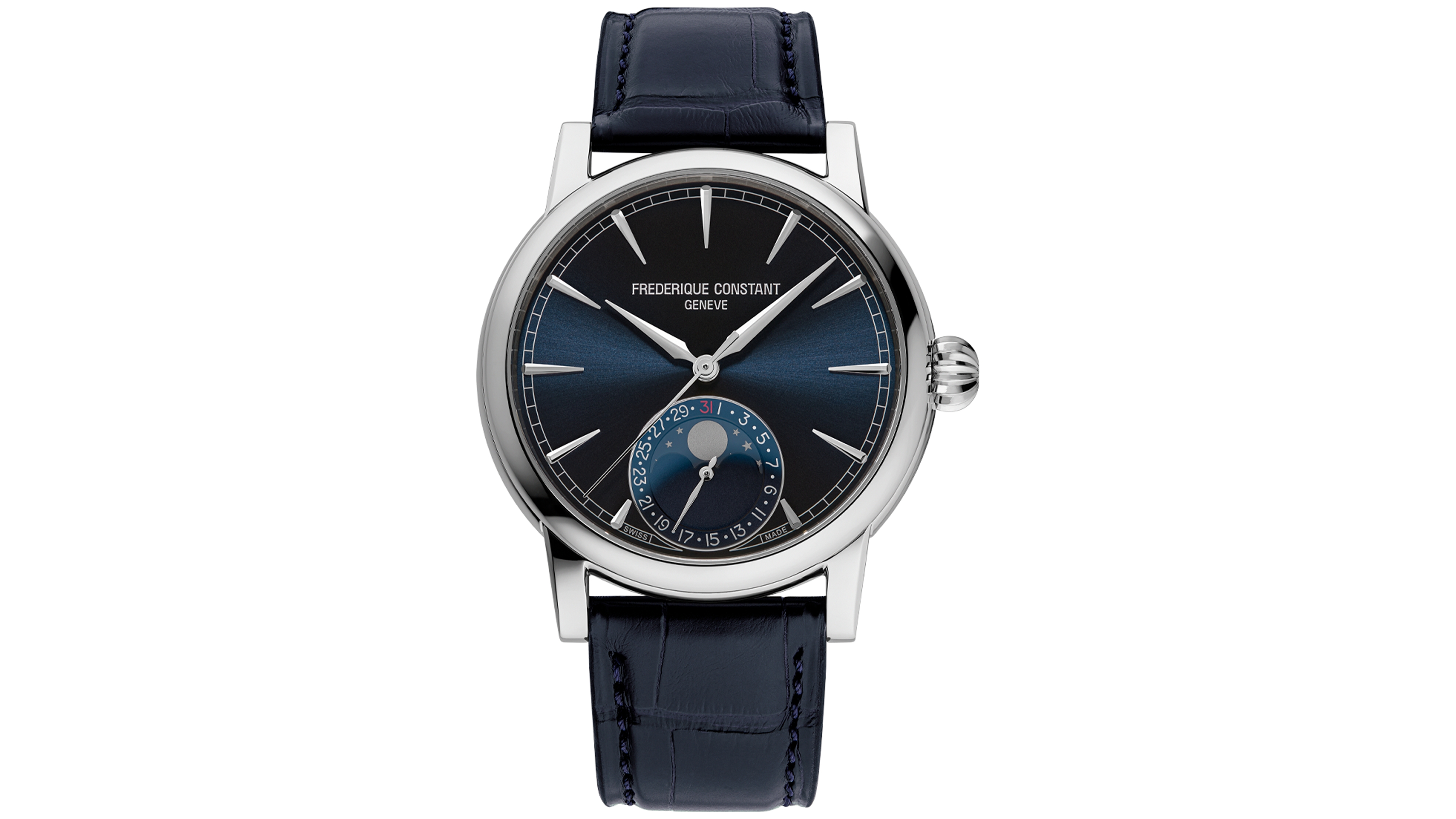 Frederique Constant Men's Swiss Automatic Classic Moonphase Date Manufacture Blue Leather Strap Watch 40mm