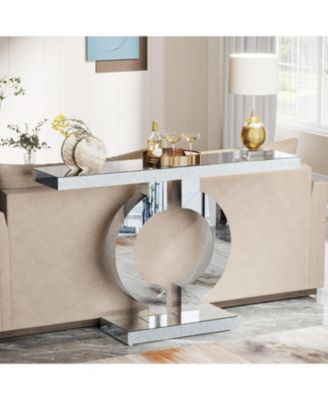 Mirrored Console Table with O-Shaped Base, 43-Inch Modern Entryway Table Glass Sofa Table with Mirror Finish, Rectangle Narrow Accent Foyer Table for Entrance Hallway Living Room, Silver