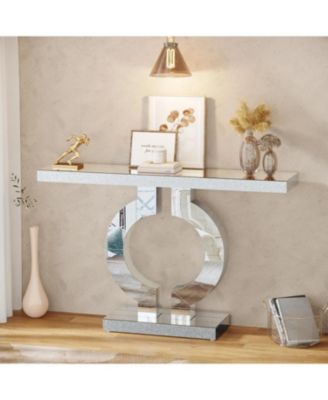 Mirrored Console Table with O-Shaped Base, 43-Inch Modern Entryway Table Glass Sofa Table with Mirror Finish, Rectangle Narrow Accent Foyer Table for Entrance Hallway Living Room, Silver
