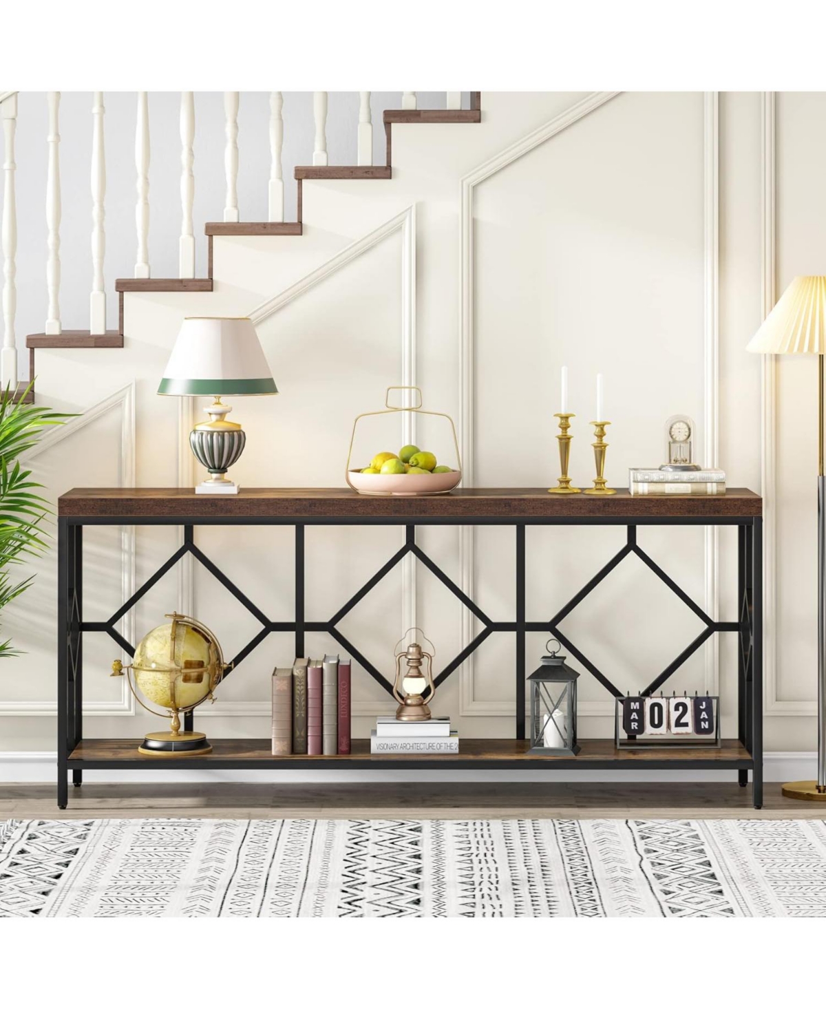 Tribesigns 71 Inch Extra Long Sofa Table, Narrow Long Sofa Console Tables Behind Couch Table with Open Storage Shelf - Brown and black