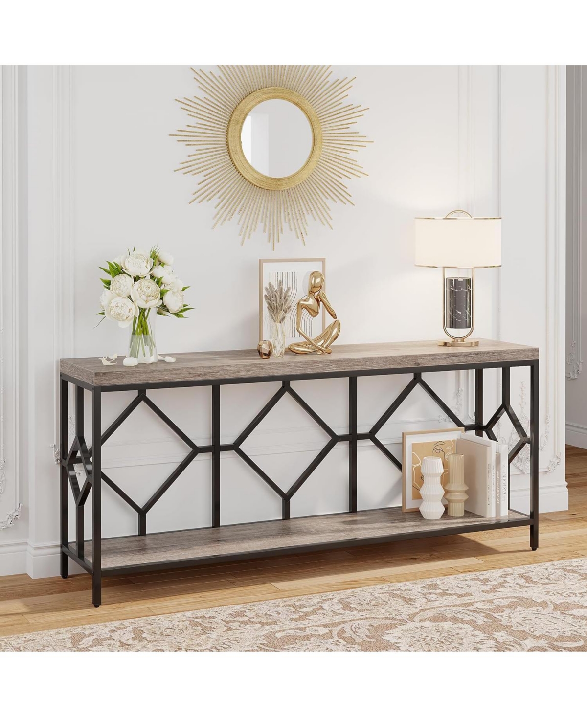 Tribesigns Extra Long Sofa Table, Narrow Long Sofa Console Tables Behind Couch Table with Open Storage Shelf - Grey and black