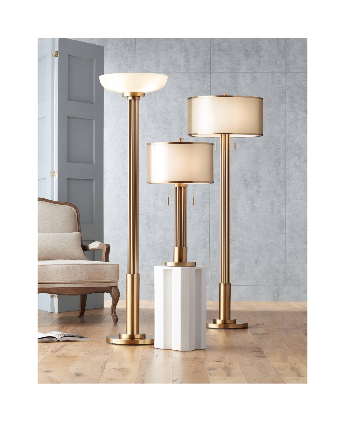 Possini Euro Design Granview Modern Glam Torchiere Floor Lamp Standing Led Tall Antique BrassMetal Column Frosted Glass Shade Decor for Livi