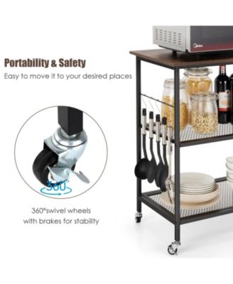 3-Tier Kitchen Serving Cart Utility Standing Microwave Rack with Hooks
