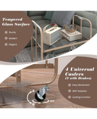 2-Tier Mobile Serving Cart with Tempered Glass Shelf