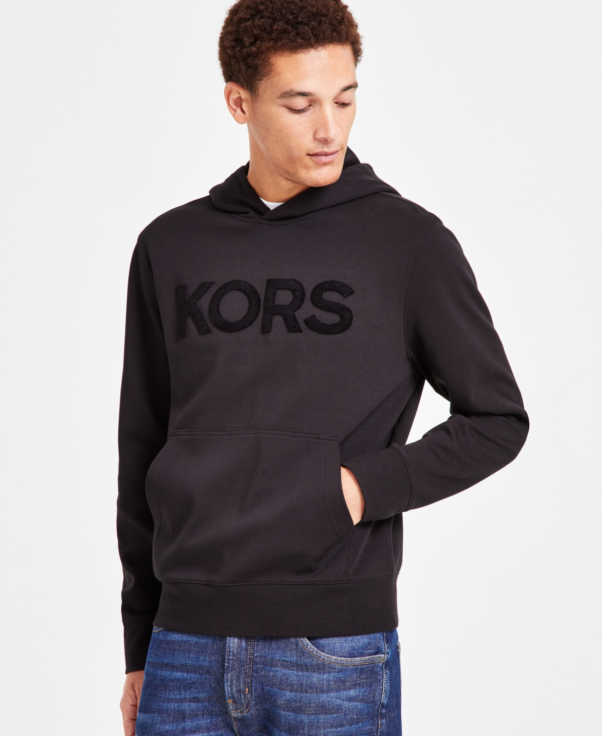 MICHAEL KORS MEN'S MODERN-FIT STRETCH TEXTURED LOGO HOODIE 