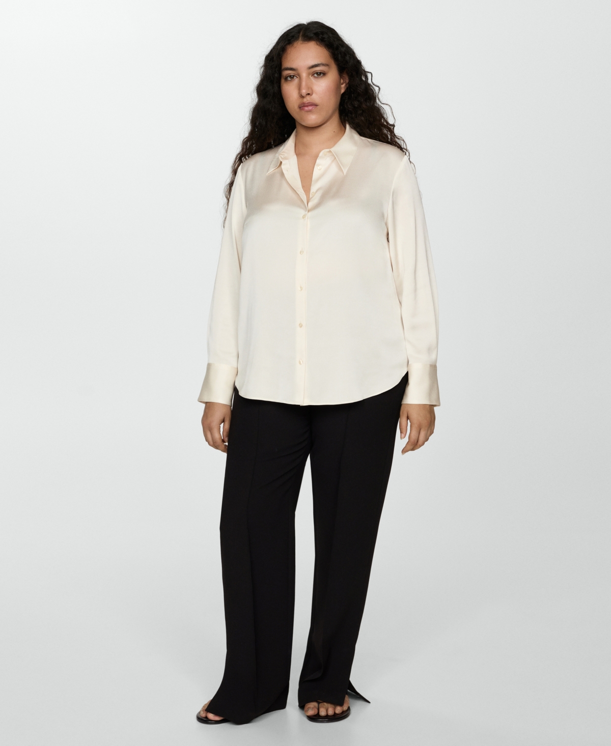 Mango Flowy Satin Button-up Shirt In Black