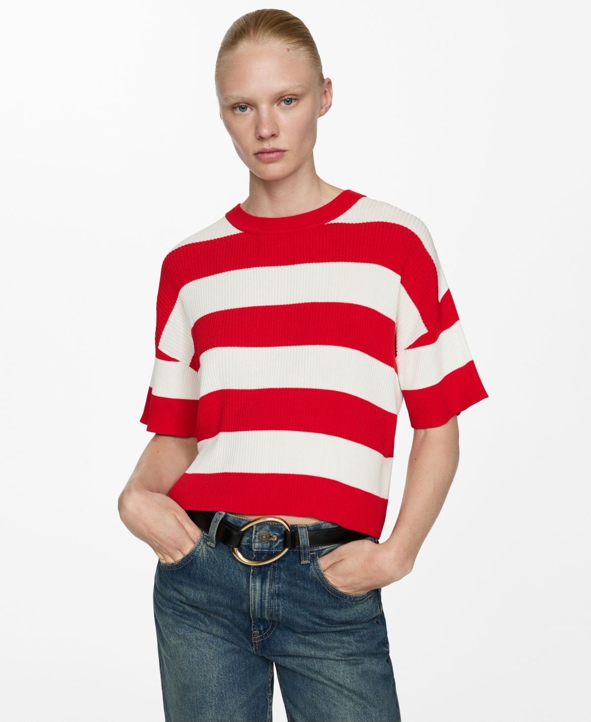 Mango Gabi Stripe Short Sleeve Rib Sweater In Red