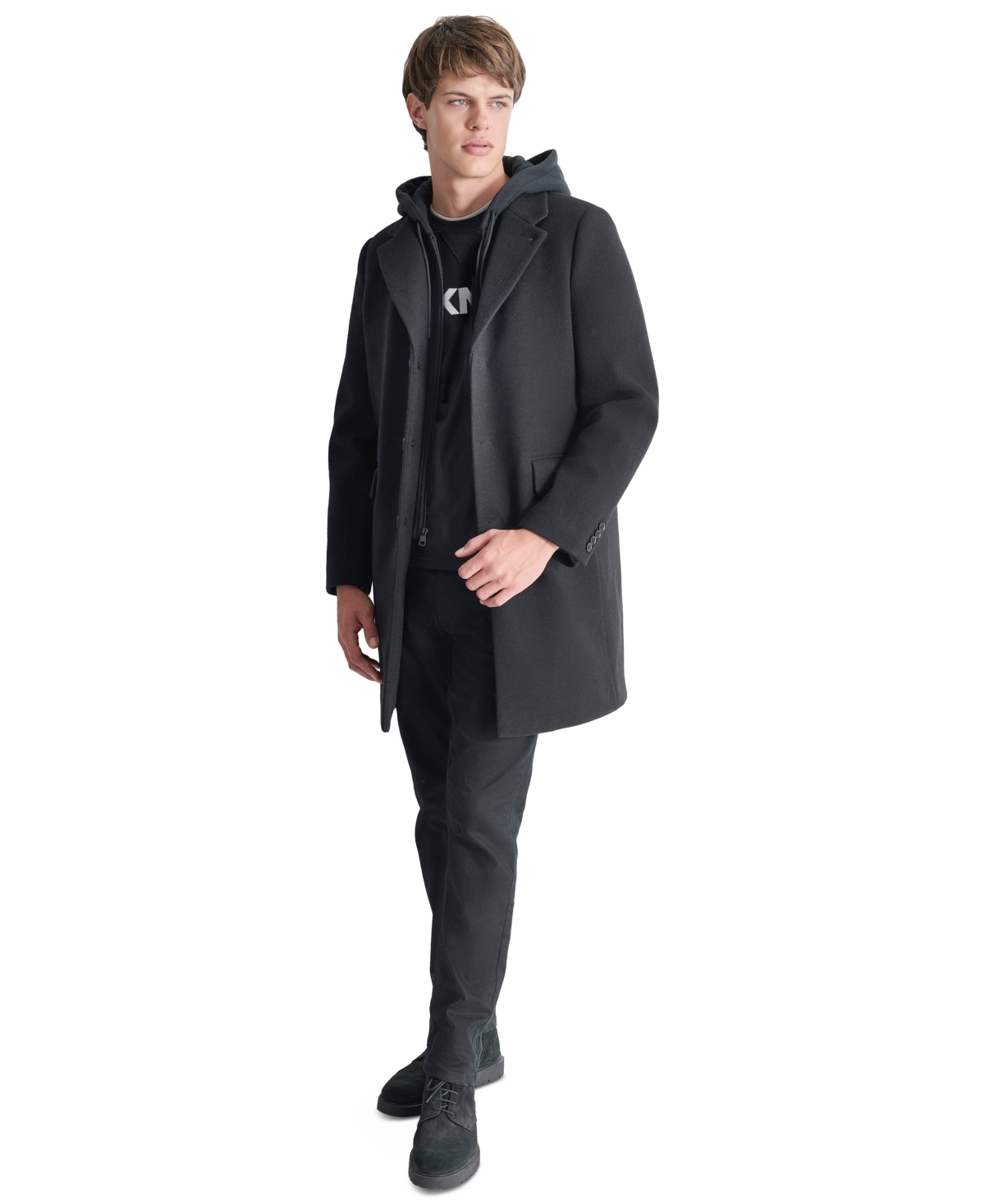 Men's Removable Hood Notch-Lapel Coat - Black