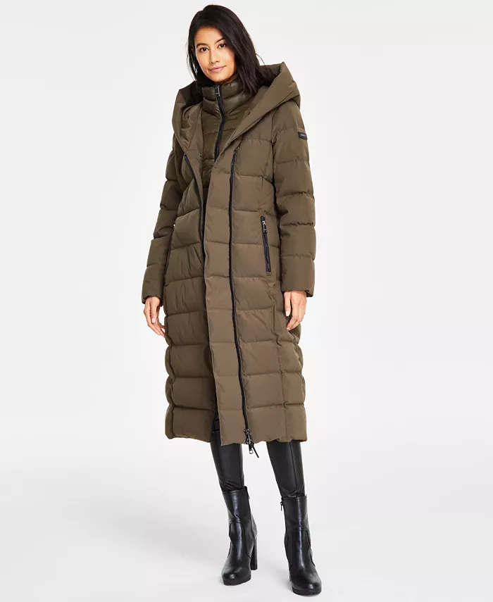 DKNY Women's Bibbed Shawl Collar Hooded Puffer Coat