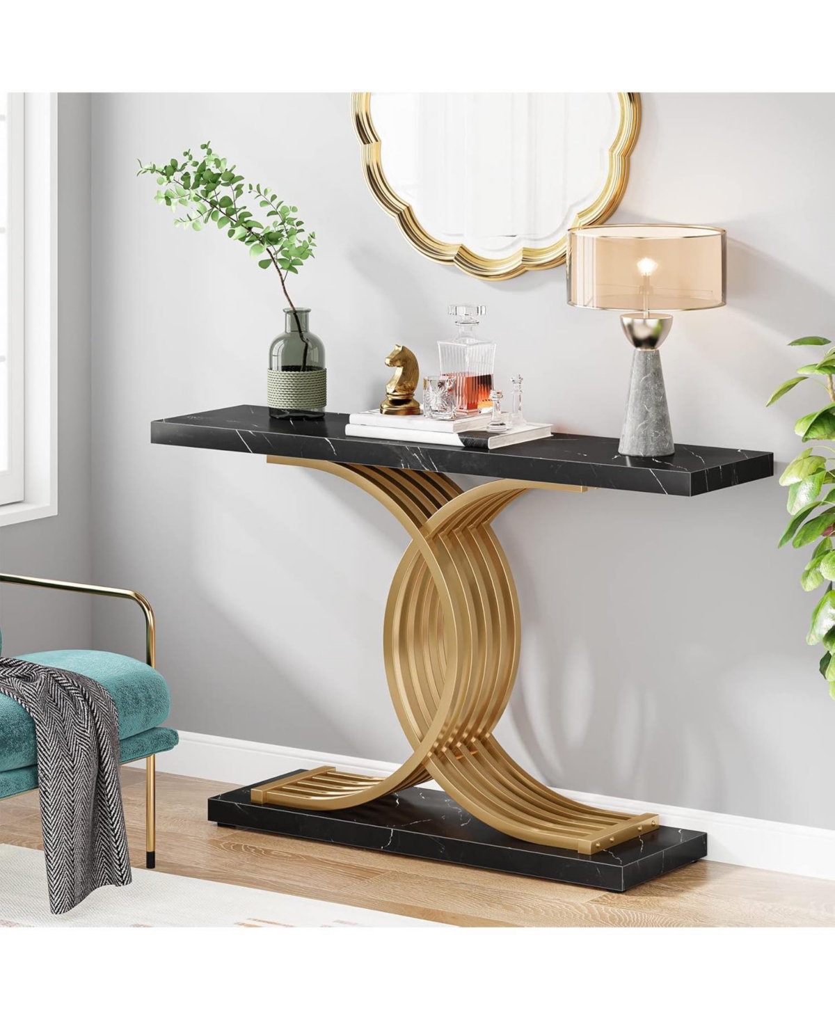 Tribesigns Gold Entryway Table, Modern 39-Inch Console Table Accent Table with Geometric Metal Legs, Faux Marble Narrow Wood Sofa Table Foyer Table fo