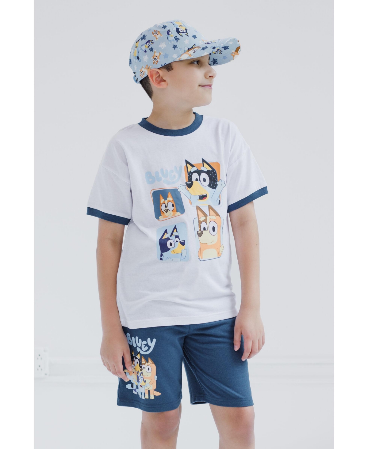 Bluey Toddler Boys Drop Shoulder T-Shirt French Terry Shorts and Adjustable Snapback Baseball Cap 3 Piece Outfit Set to - Bluey  family