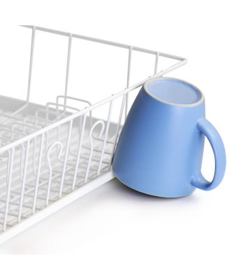 17.5 Inch White Single Level Dish Rack with 14 Plate Positioners and a Detachable Utensil Holder