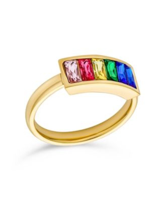 Colorful Couples Princess Cut Square CZs Rainbow Ring Band Ring Gold Tone Stainless Steel 3MM