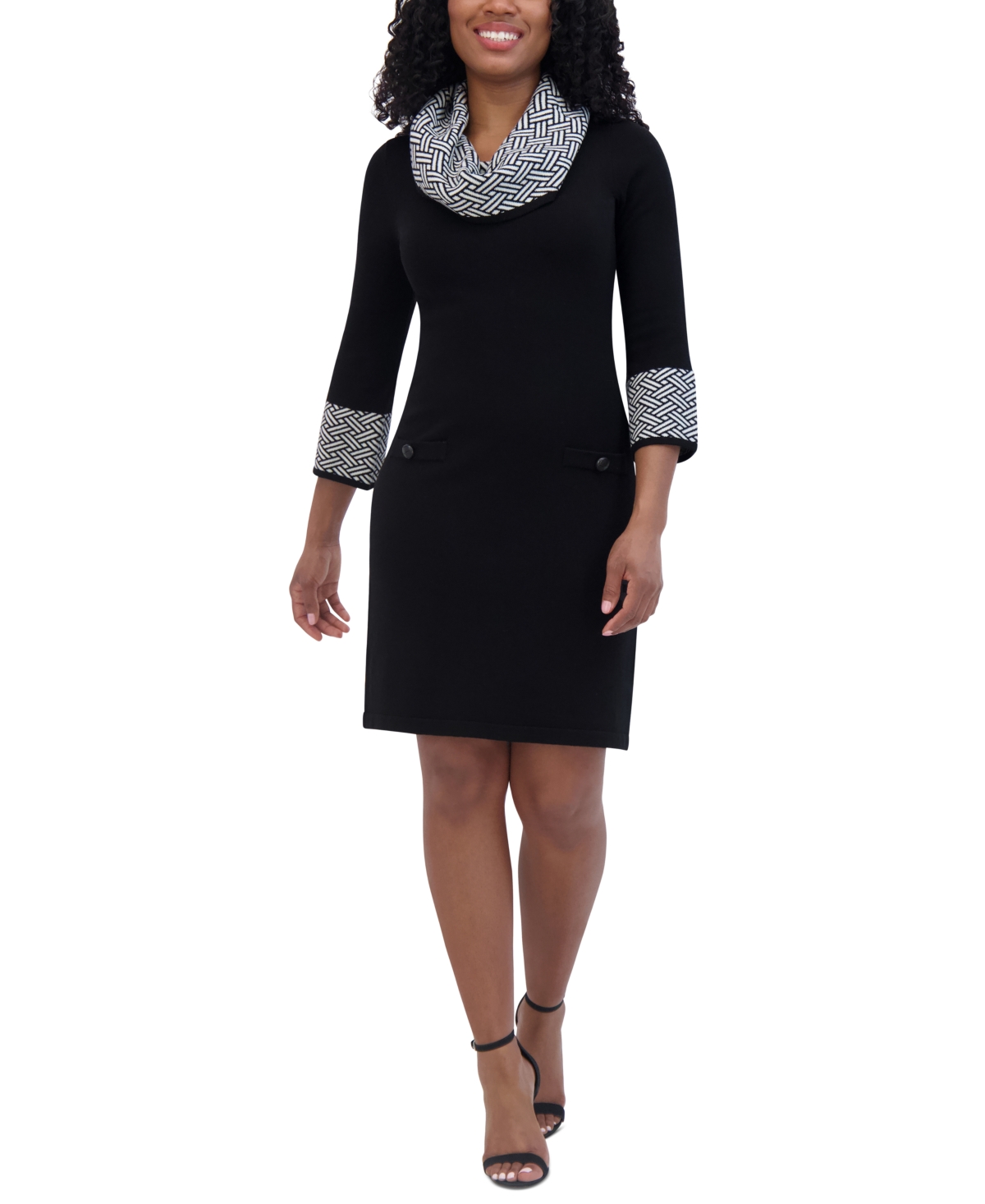 Jessica Howard Petite Cowl-neck Contrast-trim Sweater Dress In Black,ivory