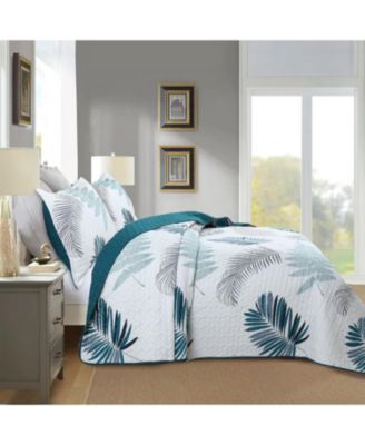3 Piece Printed Leaf Quilt Set Lightweight Bedspread Set King
