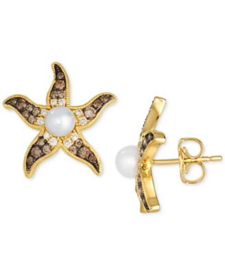 Ombr&eacute;&reg; Freshwater Pearl (4-1/2mm) & Chocolate Ombr&eacute; Diamond (3/8 ct. t.w.) Starfish Stud Earrings in 14k Gold