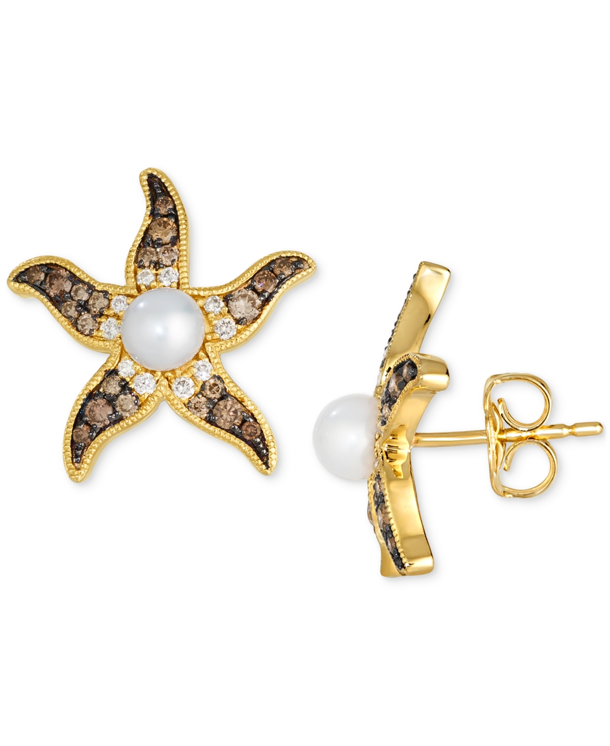 Le Vian Ombre Freshwater Pearl (4-1/2mm) & Chocolate Ombre Diamond (3/8 ct. t.w.) Starfish Stud Earrings in 14k Gold - 14K Honey Gold Earrings
