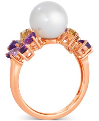 Vanilla Pearl (9-1/2mm), Multi-Gemstone (1-1/3 ct. t.w.), & Nude Diamond Accent Flower Ring in 14k Rose Gold