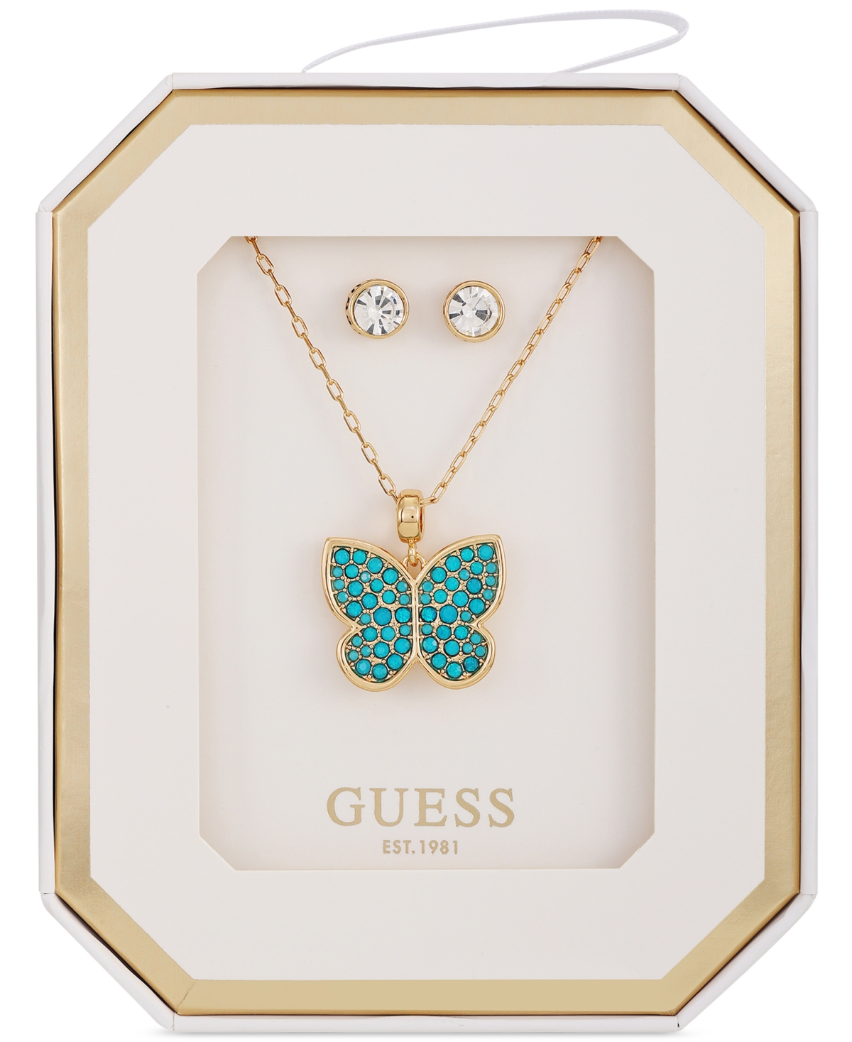 Guess Colored Stone Butterfly Pendant Necklace and Stud Earring Jewelry Set -Sapphire