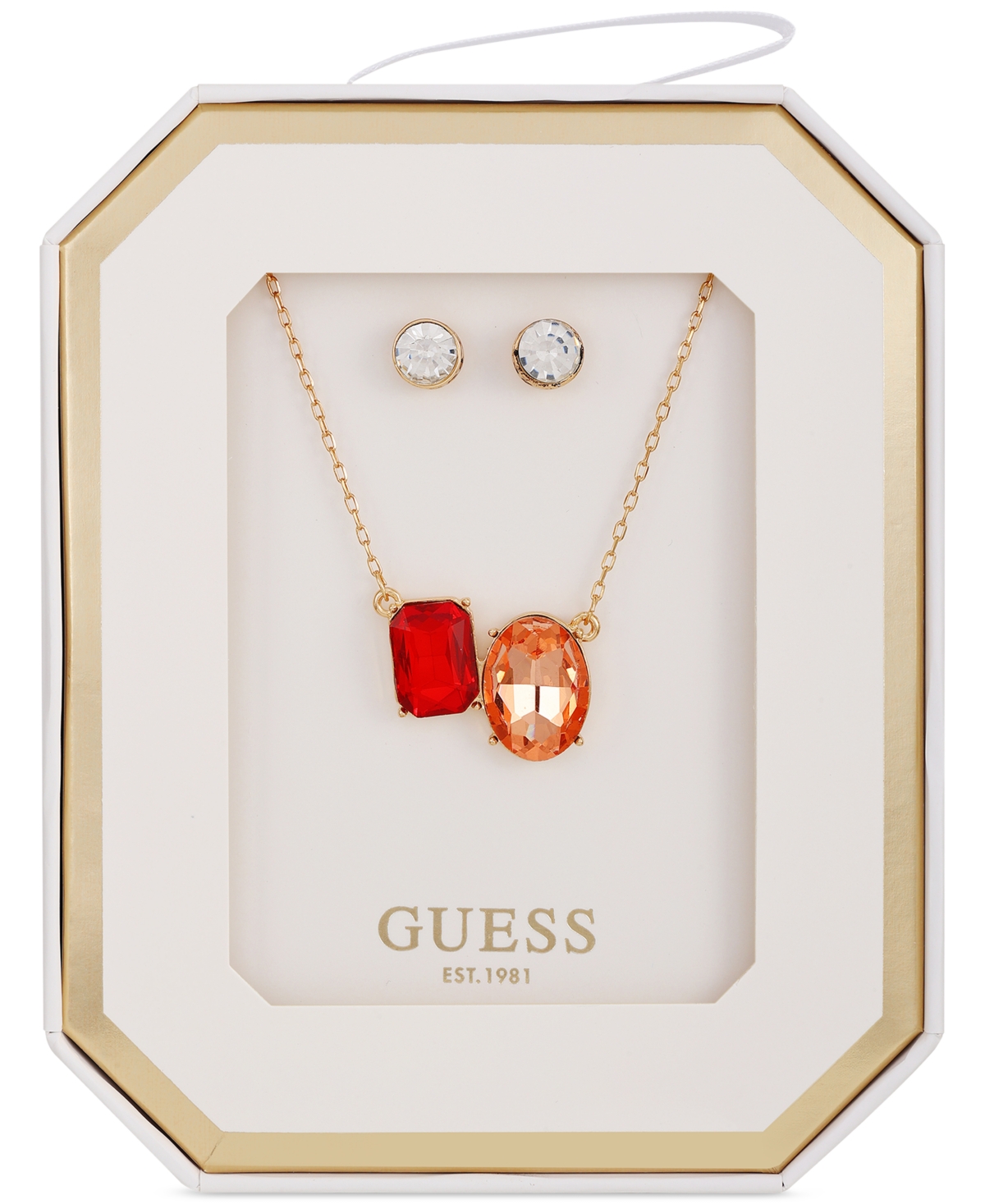Guess Gold-Tone Double Crystal Pendant Necklace & Logo Stud Earrings Set - Rose gold-ton